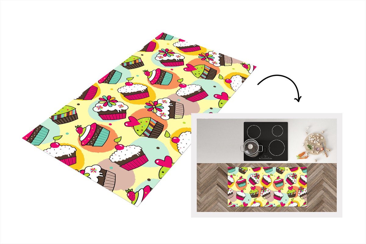KitchenYeah Keukenloper - Loper keuken - Meisjes - Cupcake - Patronen - 120x60 cm - Keukenloper vinyl Multicolor