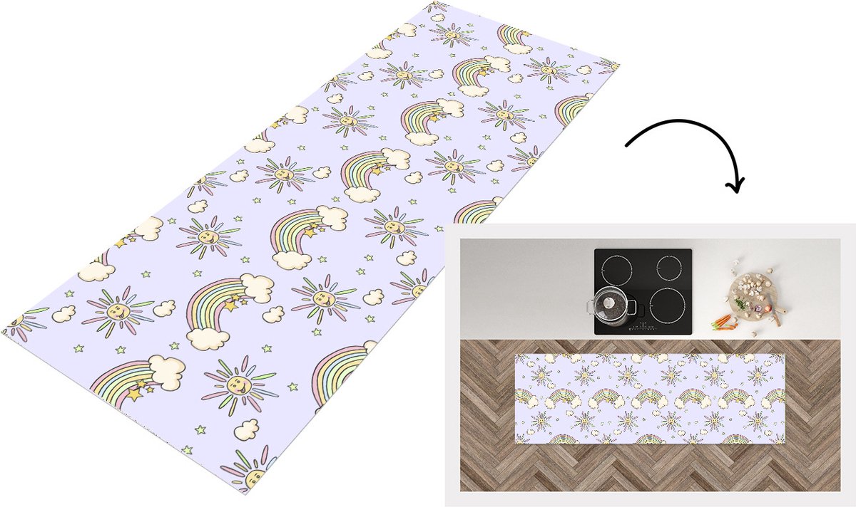 KitchenYeah Keukenloper - Loper keuken - Meisjes - Regenboog - Zon - Patronen - 150x50 cm - Keukenloper vinyl Multicolor