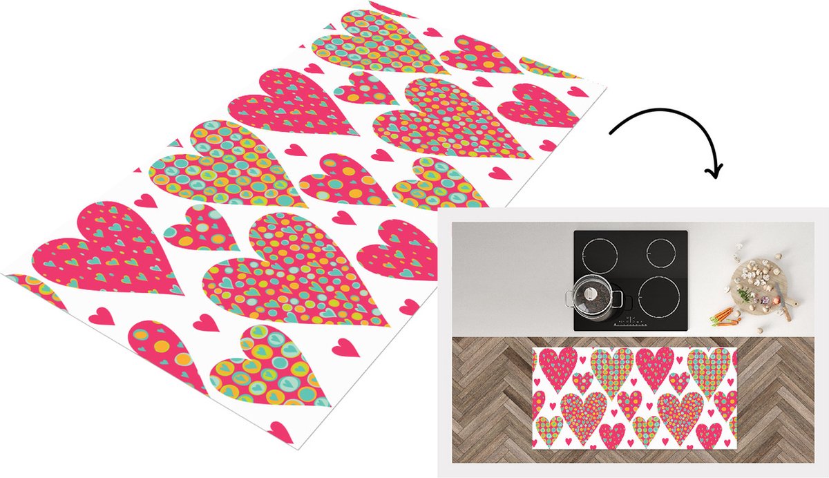 KitchenYeah Keukenloper - Loper keuken - Meisje - Hart - Love - Patronen - 120x60 cm - Keukenloper vinyl Multicolor