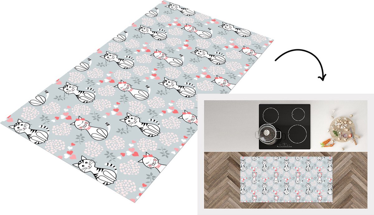 KitchenYeah Keukenloper - Loper keuken - Patronen - Kat - Hart - 120x60 cm - Keukenloper vinyl Multicolor