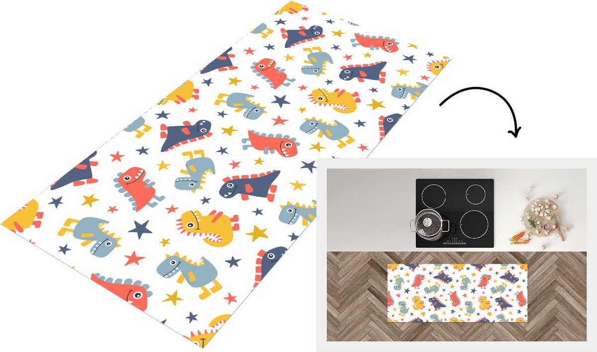 KitchenYeah Keukenloper - Loper keuken - Patronen - Dino - Sterren - 120x50 cm - Keukenloper vinyl Multicolor