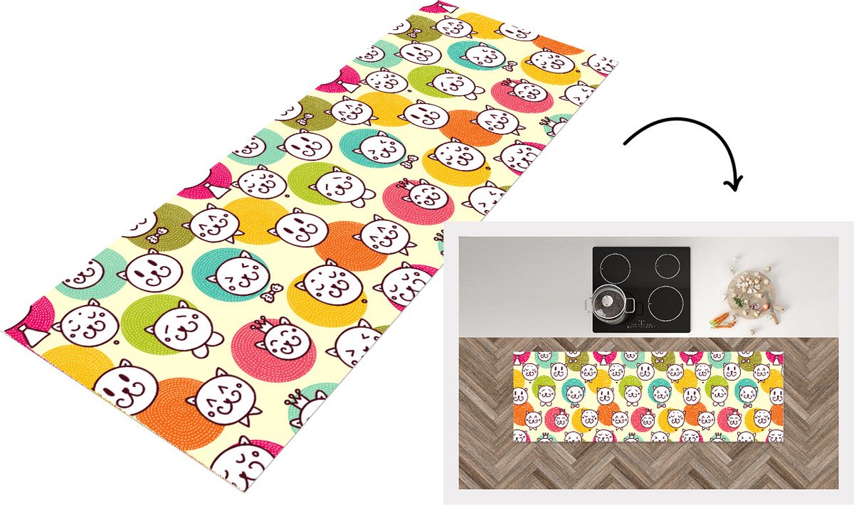 KitchenYeah Keukenloper - Loper keuken - Meisjes - Kat - Kroon - Patronen - 180x60 cm - Keukenloper vinyl Multicolor