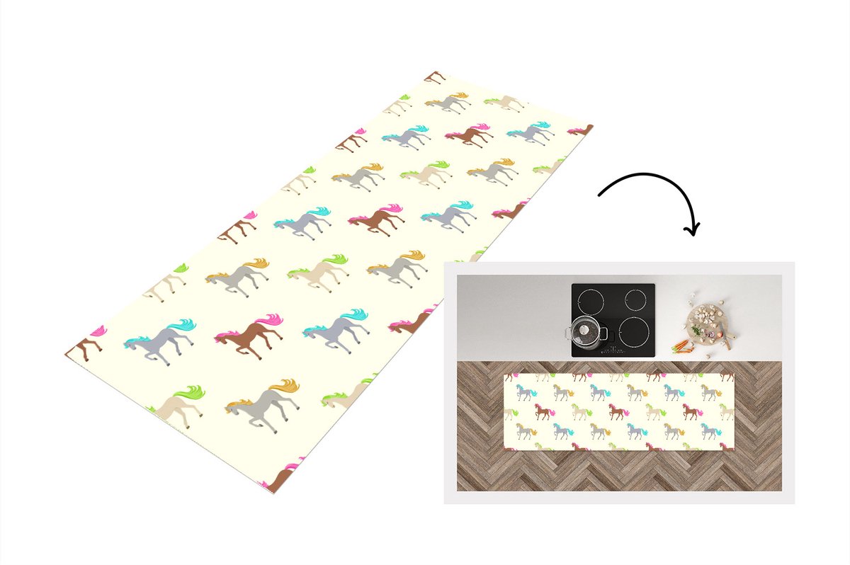 KitchenYeah Keukenloper - Loper keuken - Meiden - Paarden - Patronen - 180x60 cm - Keukenloper vinyl Multicolor