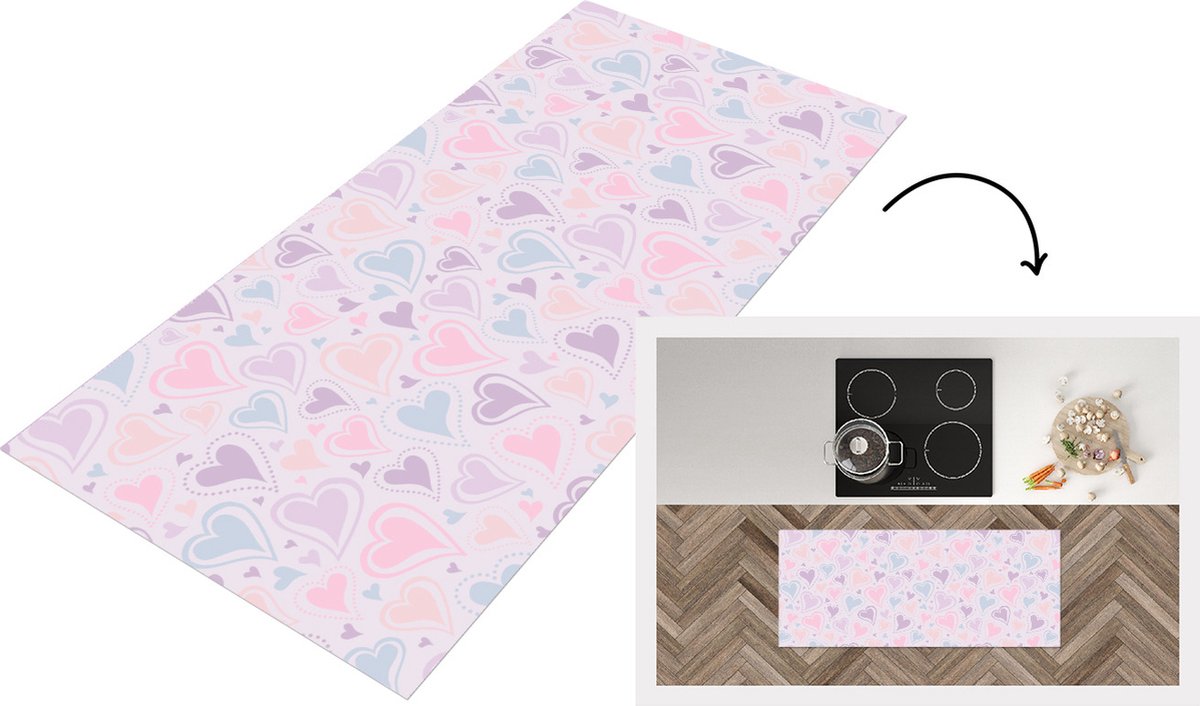 KitchenYeah Keukenloper - Loper keuken - Meiden - Hartjes - Patronen - 120x50 cm - Keukenloper vinyl Multicolor
