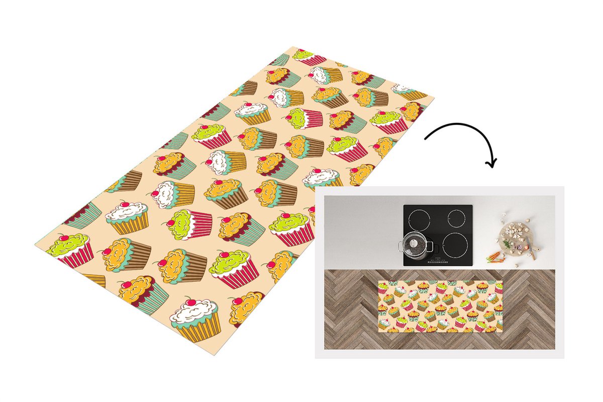 KitchenYeah Keukenloper - Loper keuken - Patronen - Eten - Cupcake - 120x50 cm - Keukenloper vinyl Multicolor