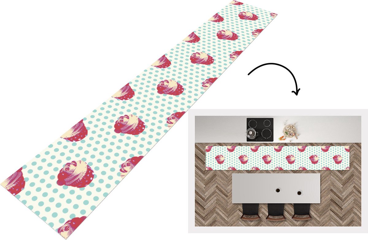 KitchenYeah Keukenloper - Loper keuken - Patronen - Cupcake - Eten - 300x50 cm - Keukenloper vinyl Multicolor