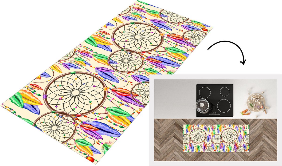KitchenYeah Keukenloper - Loper keuken - Dromenvanger - Veren - Patronen - 120x50 cm - Keukenloper vinyl Multicolor