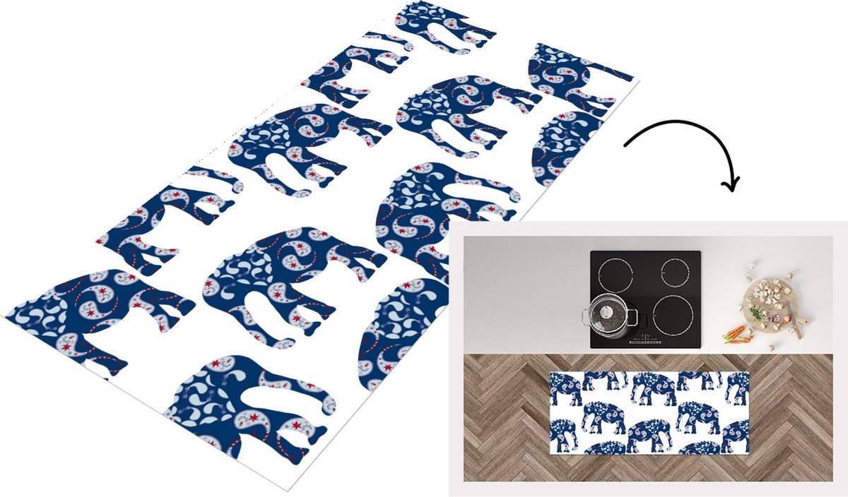 KitchenYeah Keukenloper - Loper keuken - Olifant - Dier - Patroon - 120x50 cm - Keukenloper vinyl Multicolor