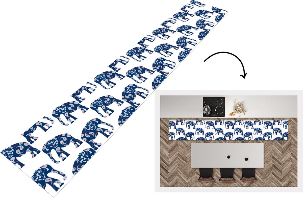 KitchenYeah Keukenloper - Loper keuken - Olifant - Dier - Patroon - 300x50 cm - Keukenloper vinyl Multicolor
