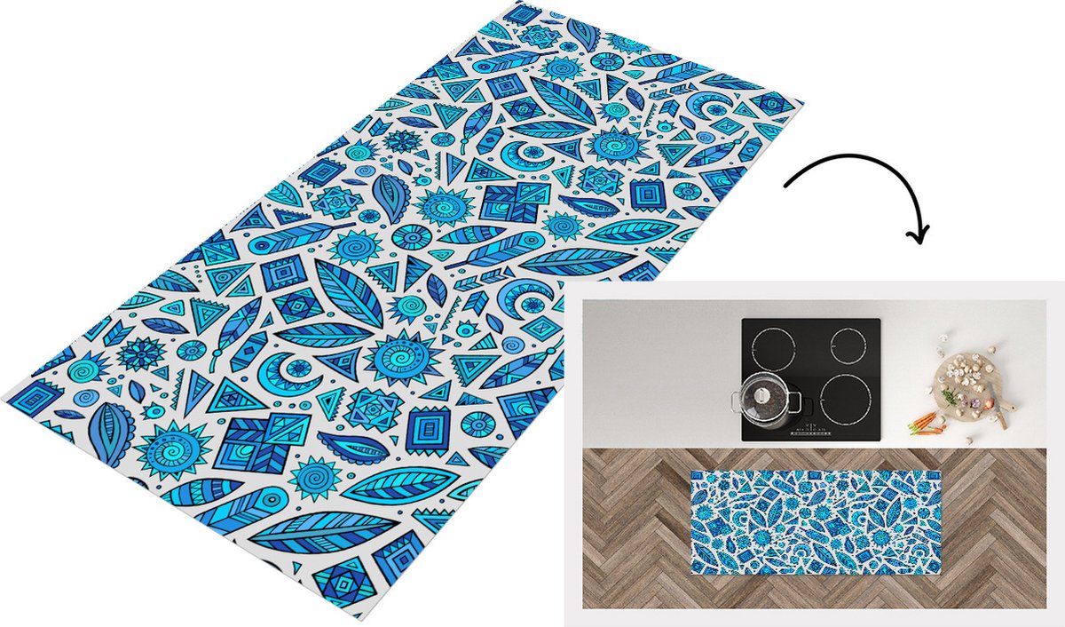 KitchenYeah Keukenloper - Loper keuken - Blauw - Patronen - Veren - Maan - 120x50 cm - Keukenloper vinyl Multicolor