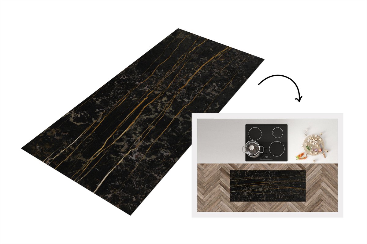 KitchenYeah Keukenloper - Loper keuken - Marmer - Zwart - Goud - Ader - 120x50 cm - Keukenloper vinyl Multicolor