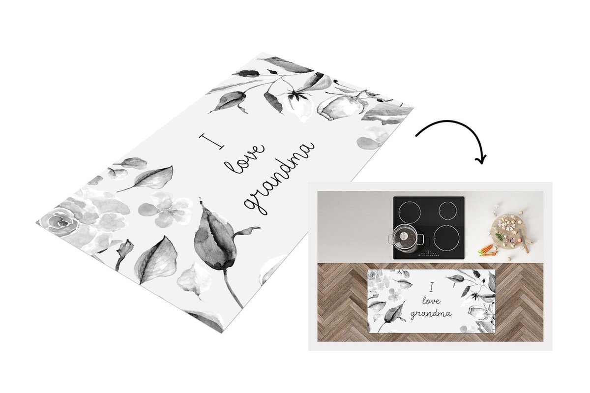 KitchenYeah Keukenloper - Loper keuken - Spreuken - Quotes I Love Grandma - Oma - Moederdag - Bloemen - Cadeau - zwart wit - 120x60 cm - Keukenloper vinyl Zwart; Wit