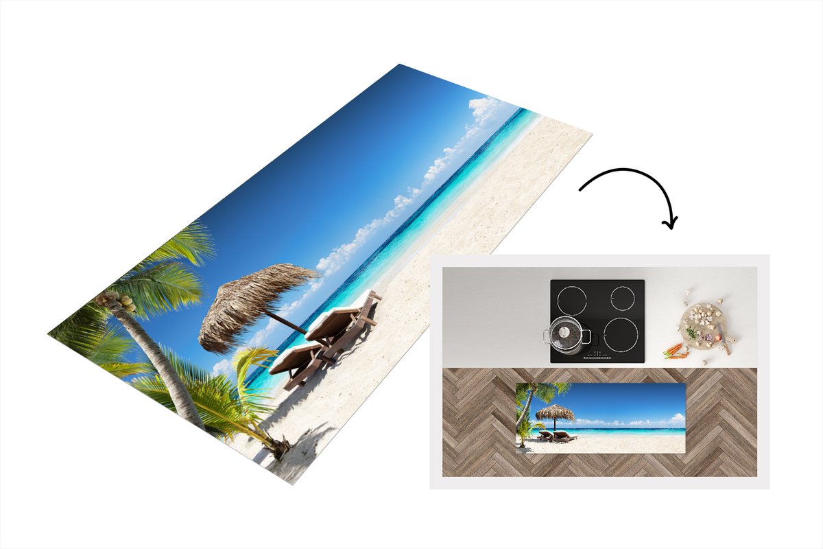 KitchenYeah Keukenloper - Loper keuken - Strand - Parasol - Zee - 120x50 cm - Keukenloper vinyl Multicolor
