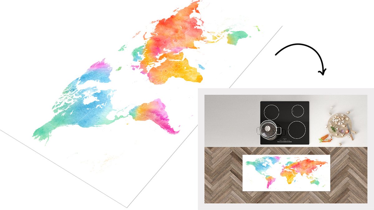 KitchenYeah Keukenloper - Loper keuken - Wereldkaart - Simpel - Waterverf - 120x50 cm - Keukenloper vinyl Multicolor
