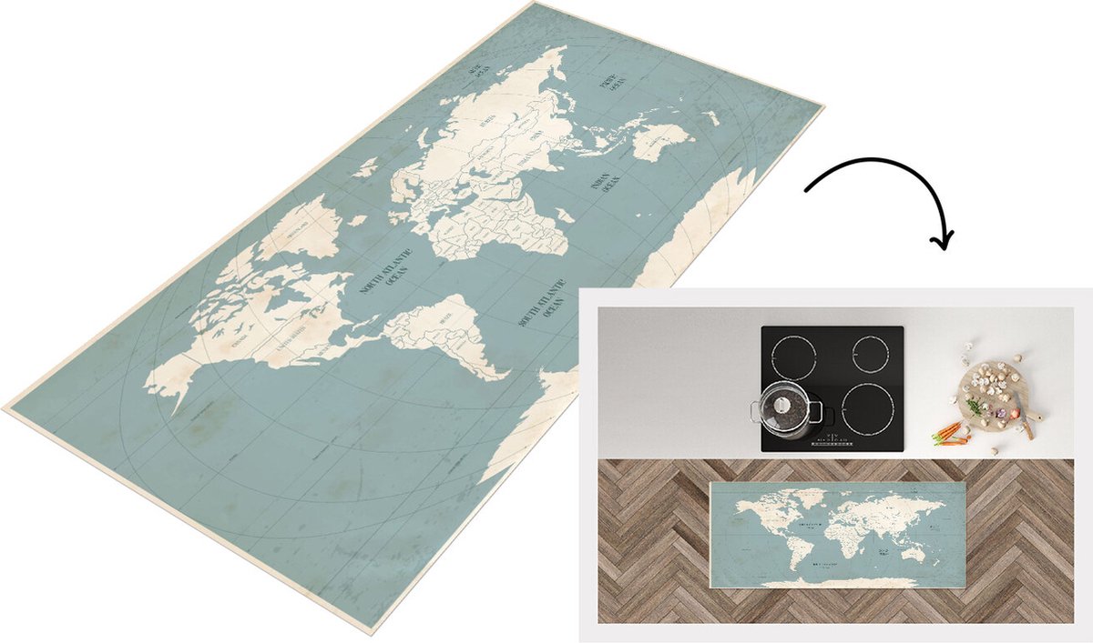 KitchenYeah Keukenloper - Loper keuken - Wereldkaart - Vintage - Blauw - 120x50 cm - Keukenloper vinyl Multicolor