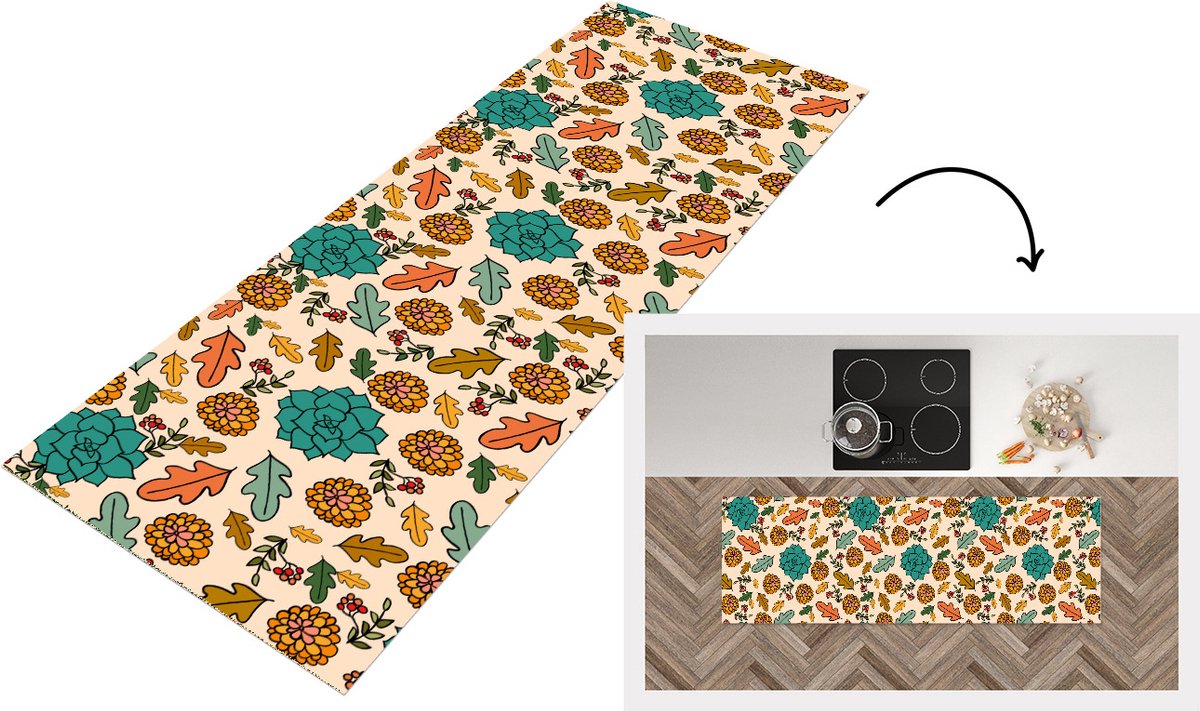 KitchenYeah Keukenloper - Loper keuken - Herfst - Bloemen - Patronen - 150x50 cm - Keukenloper vinyl Multicolor
