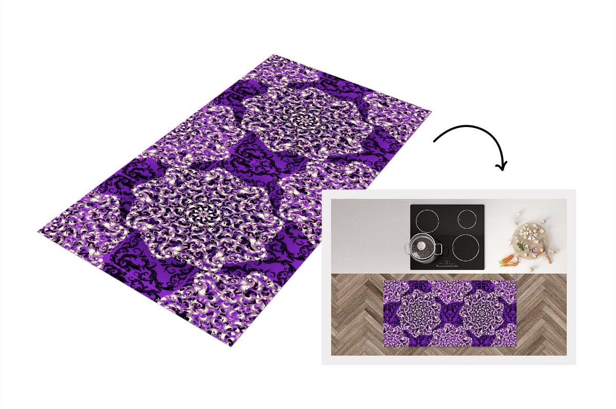 KitchenYeah Keukenloper - Loper keuken - Roos - Paars - Patronen - Barok - 120x60 cm - Keukenloper vinyl Multicolor