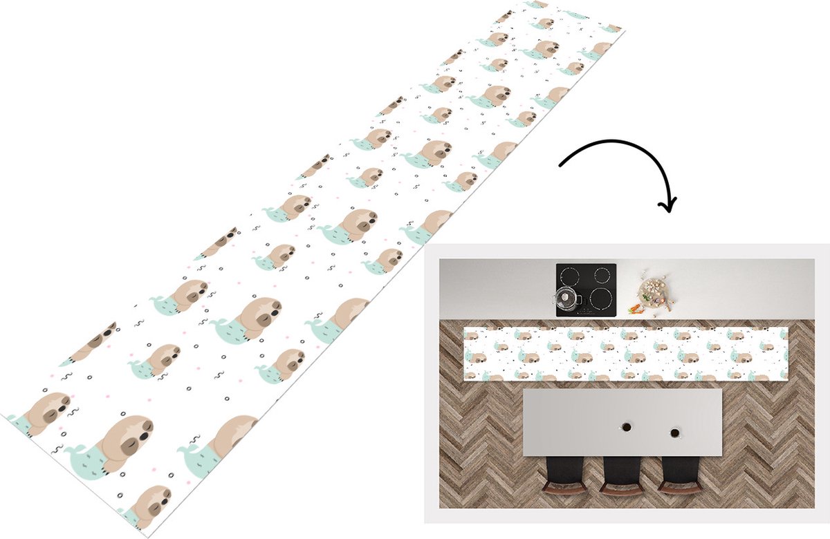KitchenYeah Keukenloper - Loper keuken - Zeemeermin - Luiaard -Patroon - Slapen - 300x50 cm - Keukenloper vinyl Multicolor