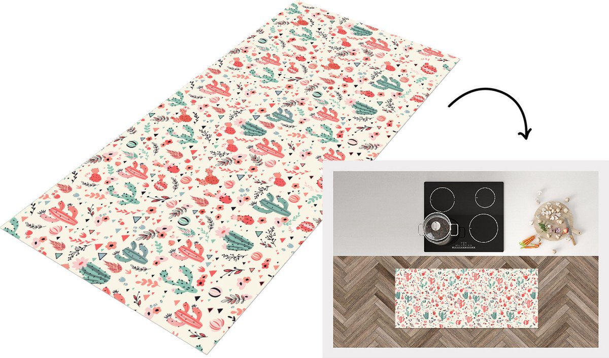 KitchenYeah Keukenloper - Loper keuken - Cactus - Bloemen - Pastel - Patronen - 120x50 cm - Keukenloper vinyl Multicolor