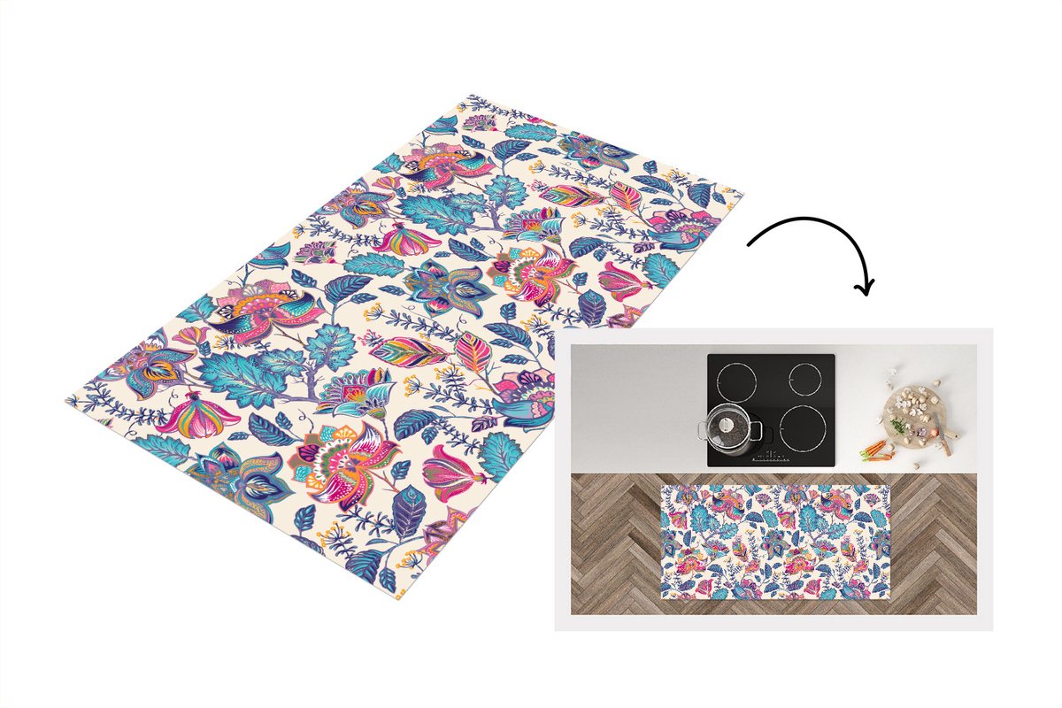KitchenYeah Keukenloper - Loper keuken - Regenboog - Bloemen - Schets - Patronen - 120x60 cm - Keukenloper vinyl Multicolor