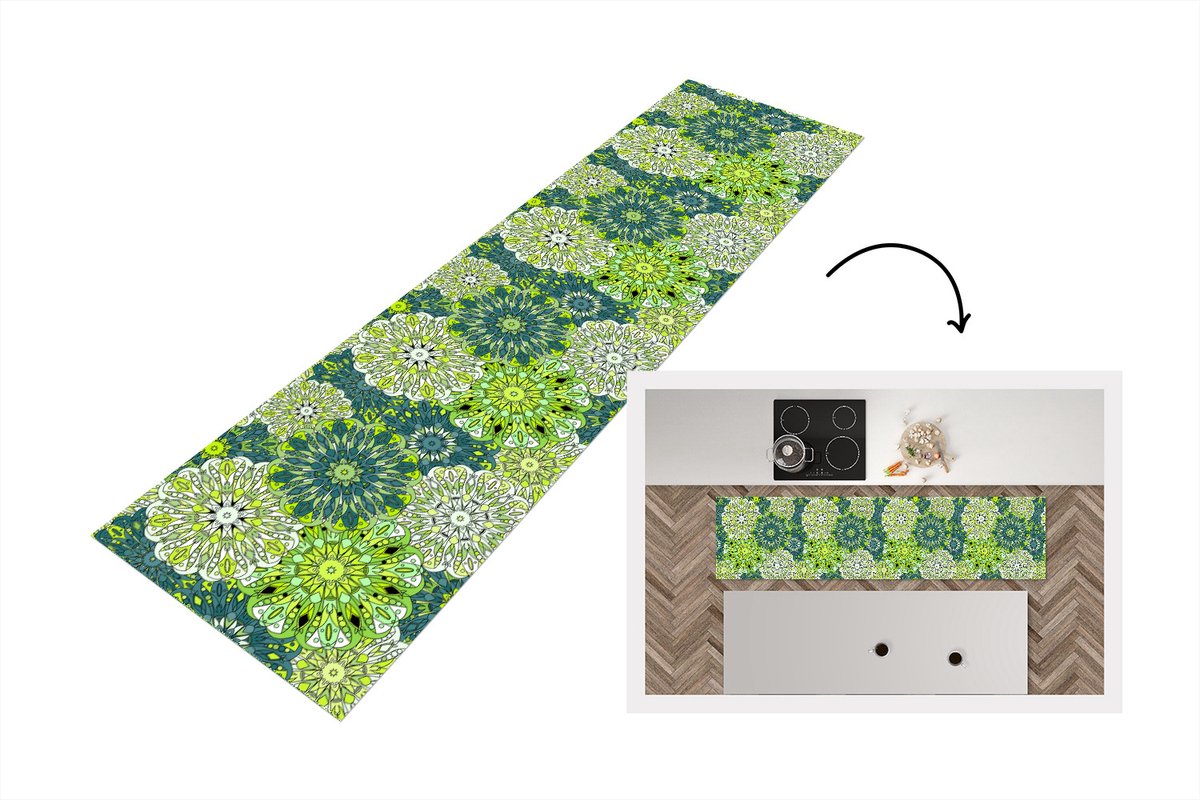 Keukenloper - Loper keuken - Mandala - Limoen - Groen - Patronen - 240x60 cm - Keukenloper vinyl