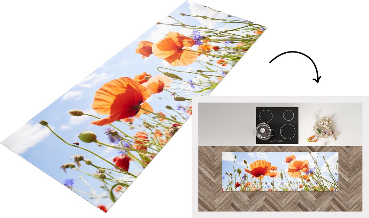 KitchenYeah Keukenloper - Loper keuken - Klaproos - Kleuren - Lente - 150x50 cm - Keukenloper vinyl Multicolor
