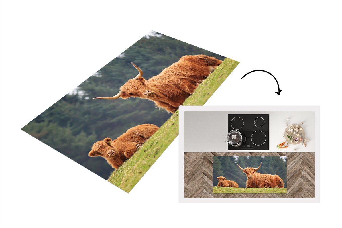 KitchenYeah Keukenloper - Loper keuken - Schotse Hooglanders - Gras - Bos - 120x60 cm - Keukenloper vinyl Multicolor