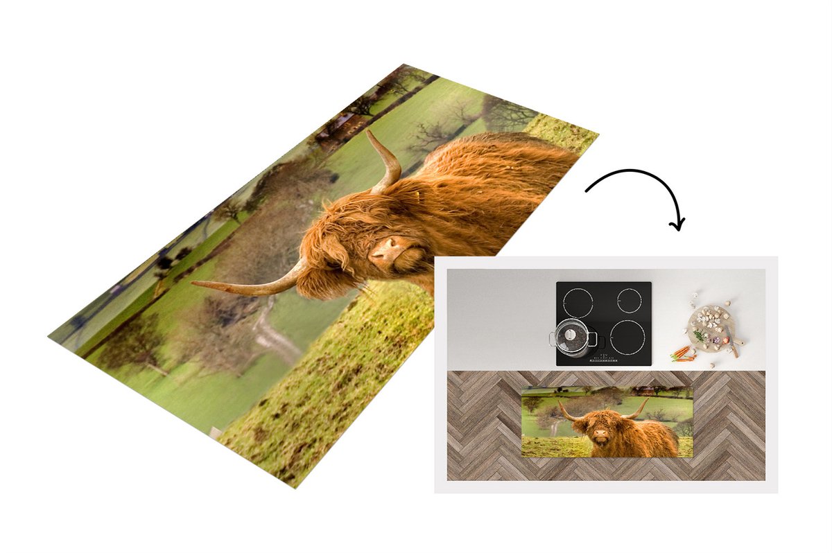KitchenYeah Keukenloper - Loper keuken - Schotse Hooglander - Berg - Herfst - 120x50 cm - Keukenloper vinyl Multicolor