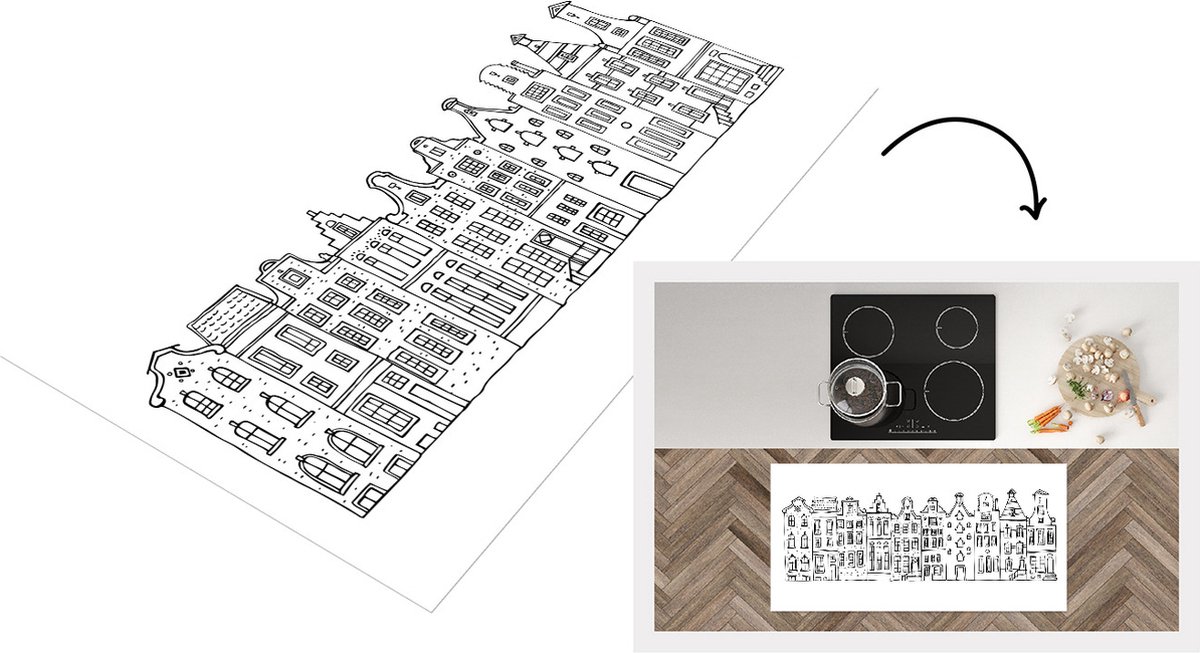 KitchenYeah Keukenloper - Loper keuken - Huis - Amsterdam - Zwart - Wit - 120x60 cm - Keukenloper vinyl Multicolor