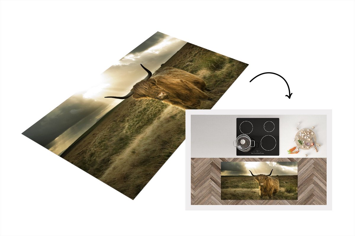 KitchenYeah Keukenloper - Loper keuken - Schotse Hooglander - Zon - Dieren - 120x60 cm - Keukenloper vinyl Multicolor