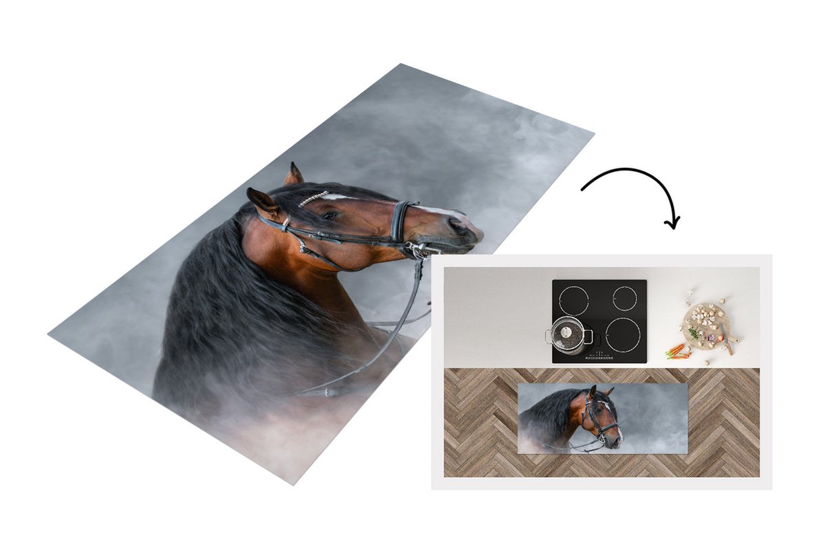 KitchenYeah Keukenloper - Loper keuken - Paard - Rook - Halster - 120x50 cm - Keukenloper vinyl Multicolor