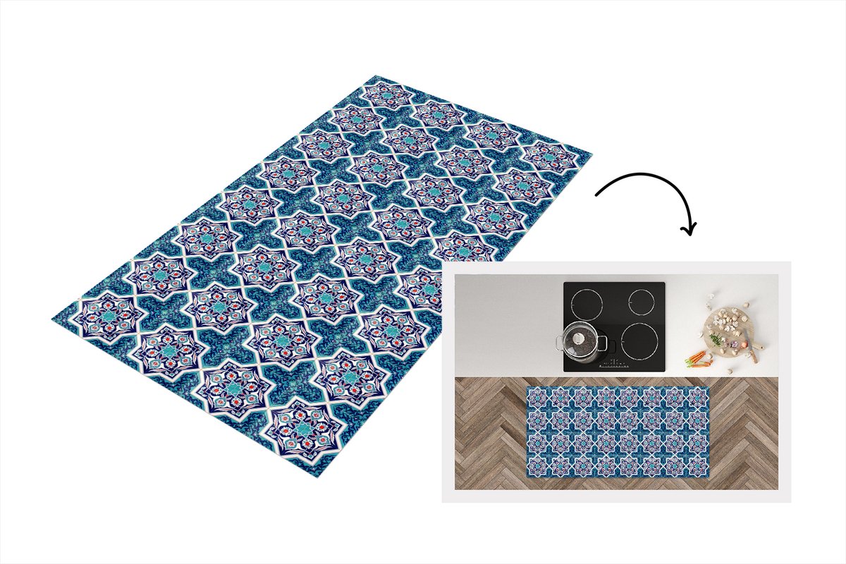 KitchenYeah Keukenloper - Loper keuken - Een Marokkaanse Mozaïek tegelpatroon waar de kleur blauw vooral is gebruikt - Keukenloper vinyl, foto 2