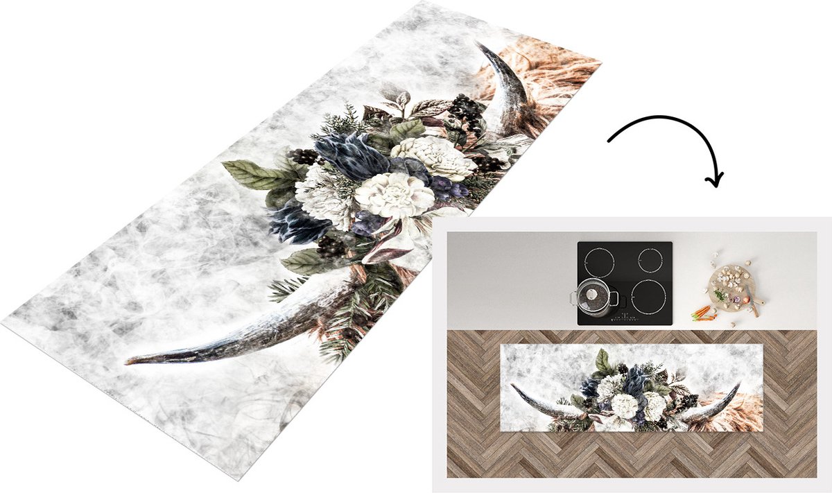 KitchenYeah Keukenloper - Loper keuken - Schotse Hooglander - Zwart - Wit - Bloemen - 180x60 cm - Keukenloper vinyl Multicolor