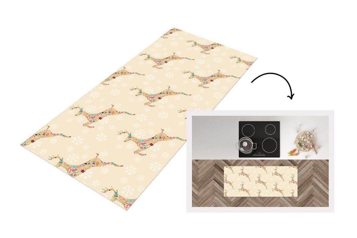 KitchenYeah Keukenloper - Loper keuken - Regenboog - Rendier - Kerst cadeau - Patronen - Christmas - 120x50 cm - Keukenloper vinyl Multicolor