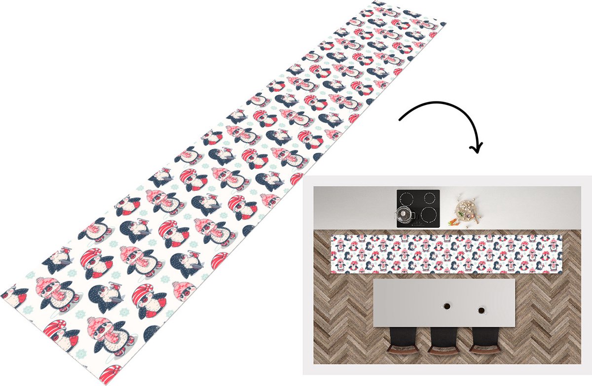 KitchenYeah Keukenloper - Loper keuken - Schaatsen - Patronen - Pinguïn - 300x50 cm - Keukenloper vinyl Multicolor
