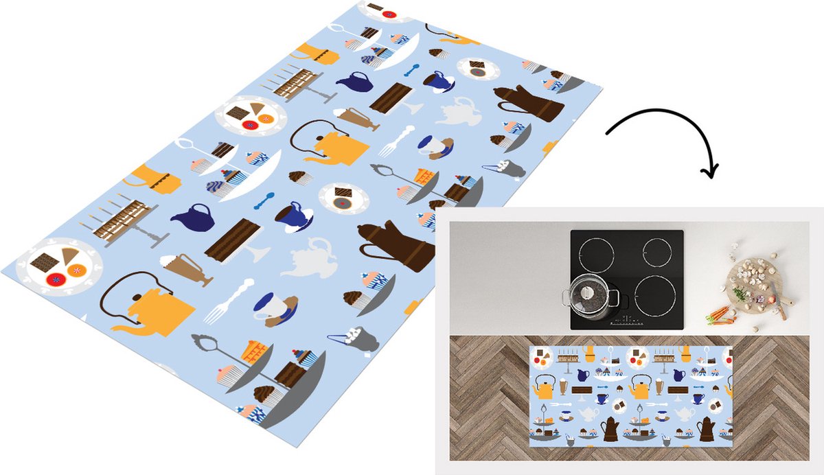 KitchenYeah Keukenloper - Loper keuken - Patronen - Cupcake - Theepot - Thee - 120x60 cm - Keukenloper vinyl Multicolor
