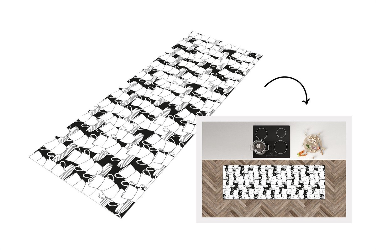 KitchenYeah Keukenloper - Loper keuken - Patronen - Zwart wit - Kopjes - Thee - 150x50 cm - Keukenloper vinyl Zwart; Wit