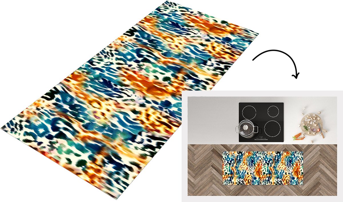 KitchenYeah Keukenloper - Loper keuken - Oranje - Blauw - Dierenprint - Patronen - 120x50 cm - Keukenloper vinyl Multicolor