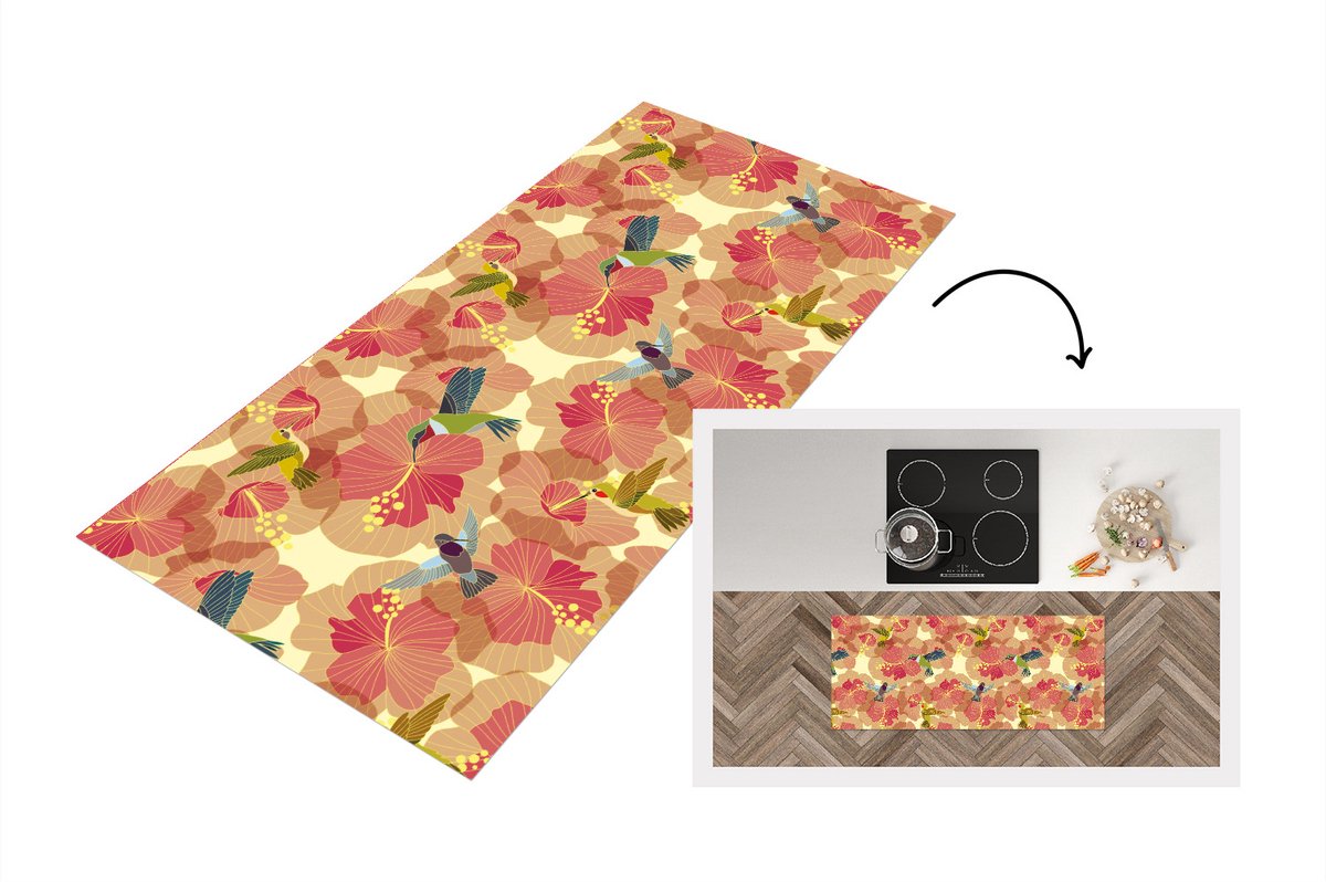 KitchenYeah Keukenloper - Loper keuken - Vogel - Bloemen - Patronen - Kolibrie - 120x50 cm - Keukenloper vinyl Multicolor