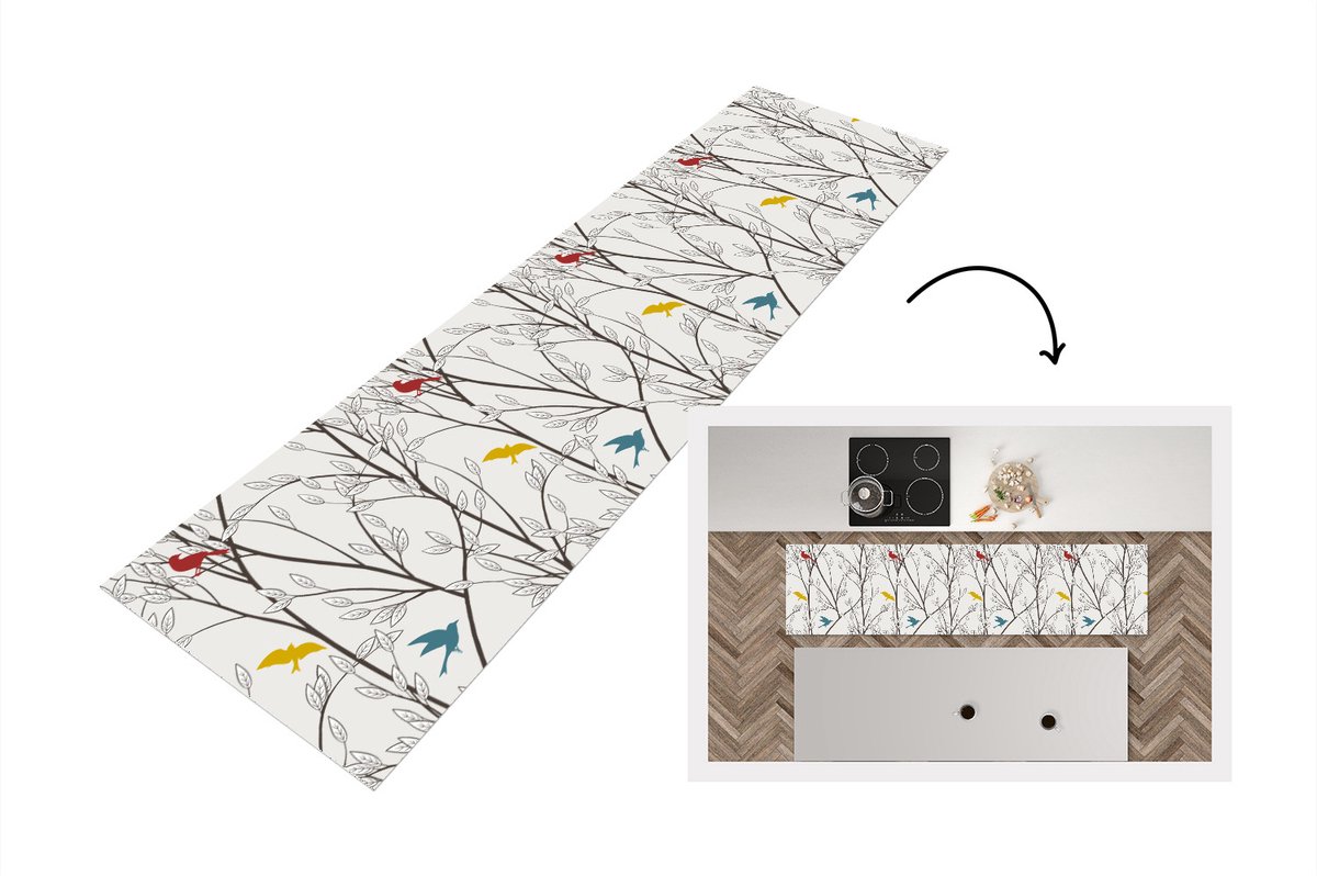 KitchenYeah Keukenloper - Loper keuken - Patronen - Planten - Vogel - 200x50 cm - Keukenloper vinyl Multicolor