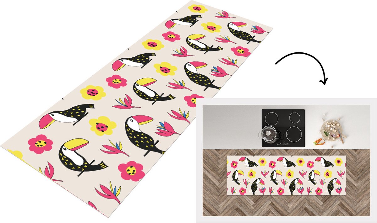 KitchenYeah Keukenloper - Loper keuken - Patronen - Vogel - Bloemen - 180x60 cm - Keukenloper vinyl Multicolor