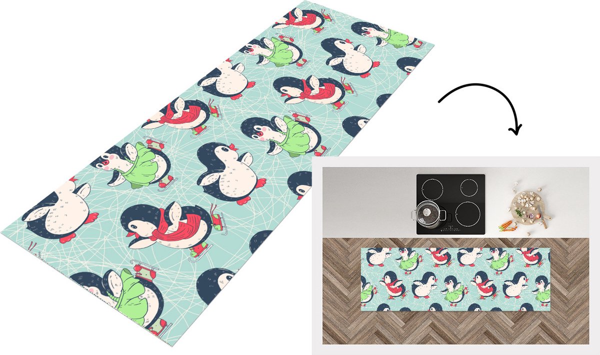 KitchenYeah Keukenloper - Loper keuken - Pinguïn - Schaatsen - Design - 150x50 cm - Keukenloper vinyl Multicolor