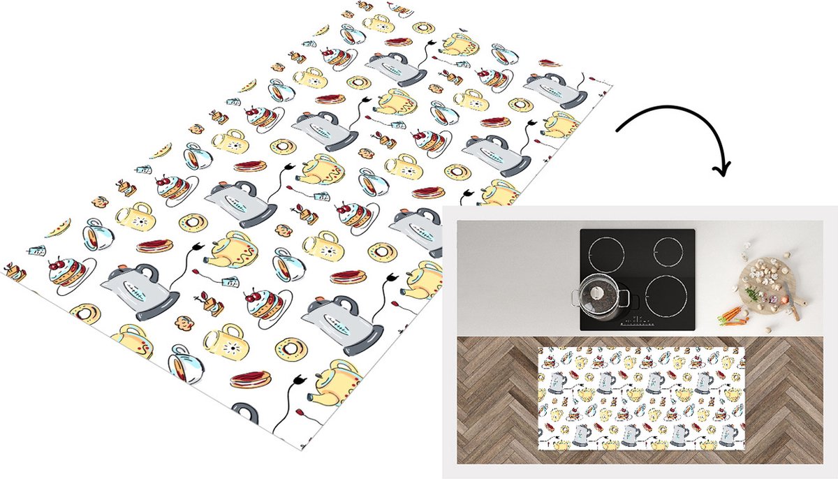 KitchenYeah Keukenloper - Loper keuken - Patronen - Thee - Taart - High tea - 120x60 cm - Keukenloper vinyl Multicolor
