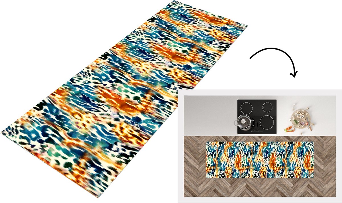 KitchenYeah Keukenloper - Loper keuken - Oranje - Blauw - Dierenprint - Patronen - 150x50 cm - Keukenloper vinyl Multicolor