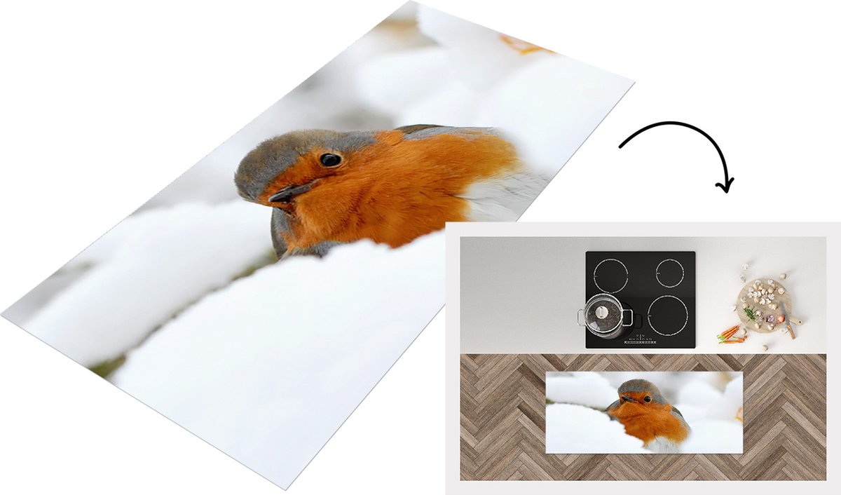 KitchenYeah Keukenloper - Loper keuken - Sneeuw - Roodborstje - Tak - 120x50 cm - Keukenloper vinyl Multicolor