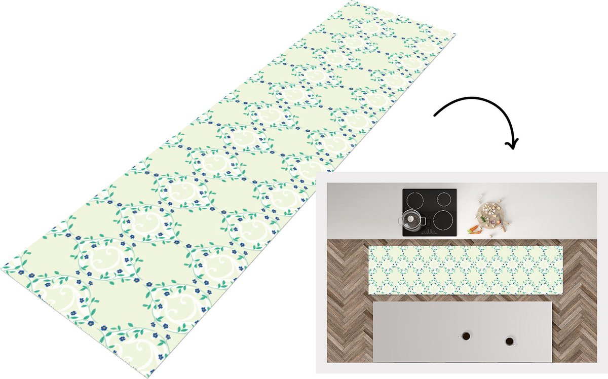 KitchenYeah Keukenloper - Loper keuken - Groen - Blauw - Bloem - Design - Keukenloper vinyl, foto 2