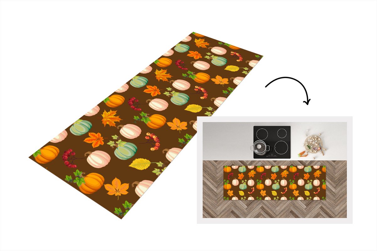 KitchenYeah Keukenloper - Loper keuken - Herfst - Pompoenen - Patronen - 150x50 cm - Keukenloper vinyl Multicolor