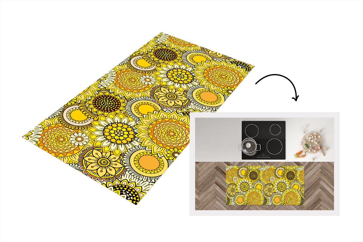 KitchenYeah Keukenloper - Loper keuken - Zonnebloem - Patronen - Geel - 120x60 cm - Keukenloper vinyl Multicolor