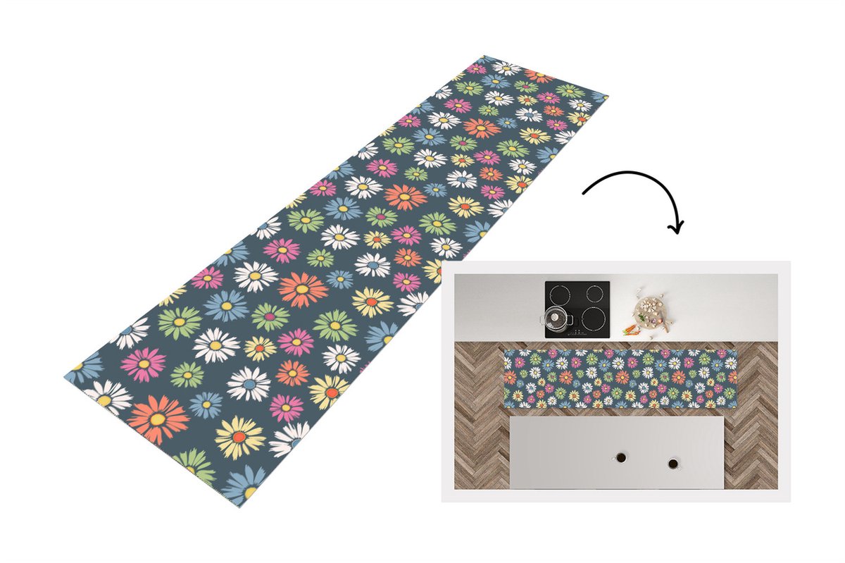 KitchenYeah Keukenloper - Loper keuken - Regenboog - Design - Bloemen - Flora - 200x50 cm - Keukenloper vinyl Multicolor