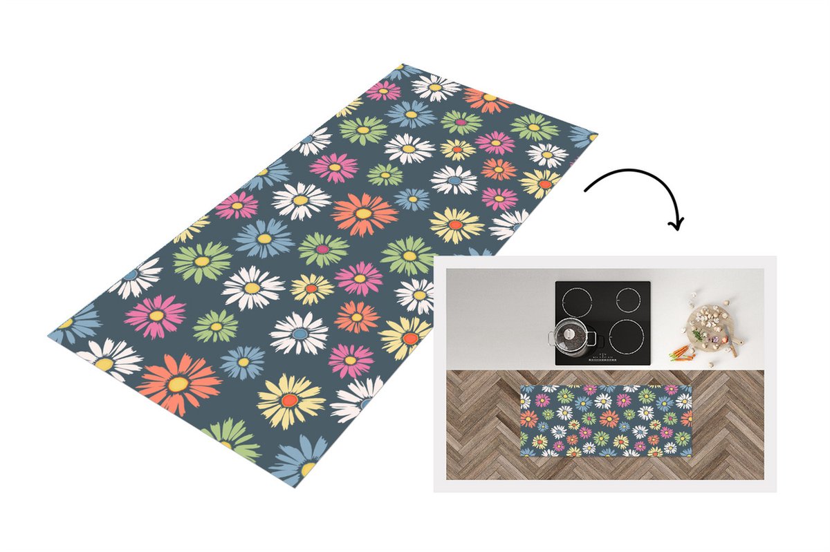 KitchenYeah Keukenloper - Loper keuken - Regenboog - Design - Bloemen - Flora - 120x50 cm - Keukenloper vinyl Multicolor
